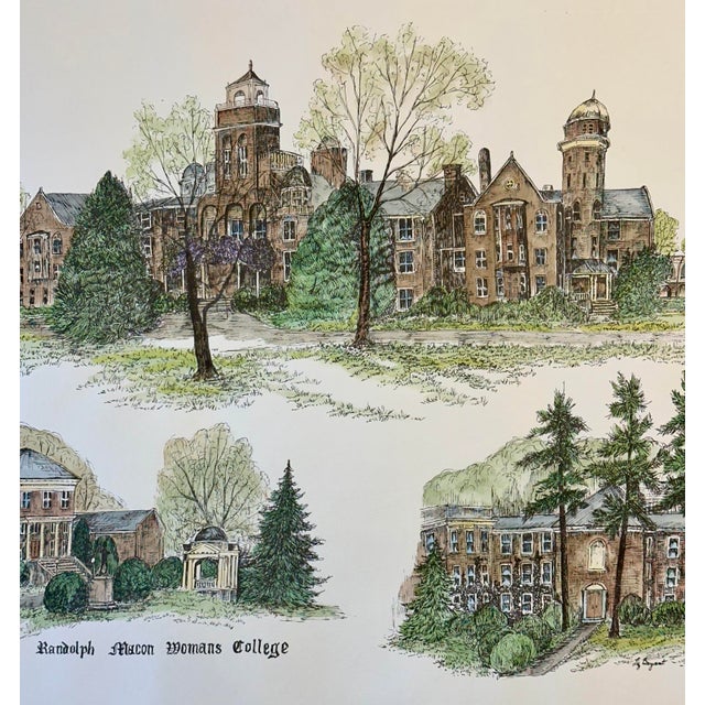 A charming late 20th-century hand-colored architectural print by artist Liz Bryant, depicting a collection of notable...