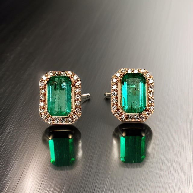 Natural Emerald Diamond Stud Earrings 14k Y Gold 1.85 TCW Certified For Sale In New York - Image 6 of 14