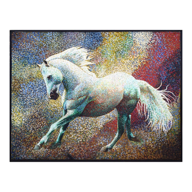 Large Vintage Pointilist Oil Painting of a White Horse With Rainbow Color Background For Sale