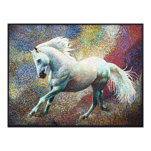 Large Vintage Pointilist Oil Painting of a White Horse With Rainbow Color Background