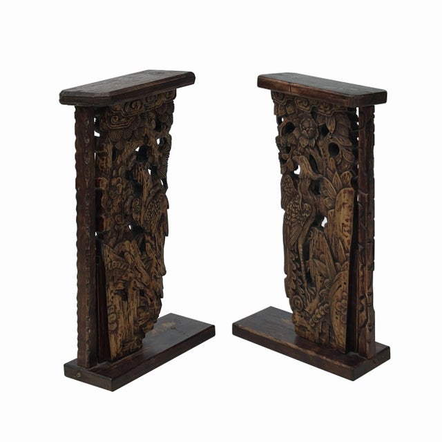 Pair Vintage Chinese Man Kid Wood Carving Desktop Display Plaque For Sale - Image 4 of 9