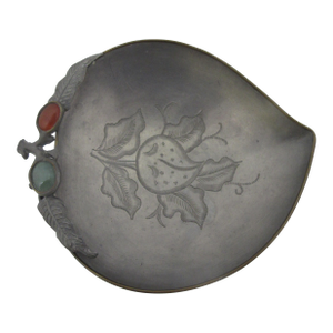 Antique Chinese Engraved Pewter Fruit Strawberry Dish Tray Inlaid With Gemstones