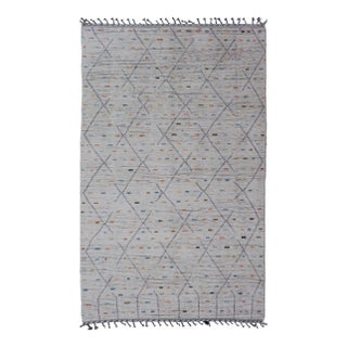 Modern Tribal Rug in Wool With Sub-Geometric Design in Blue, Ivory, Multi Colors For Sale