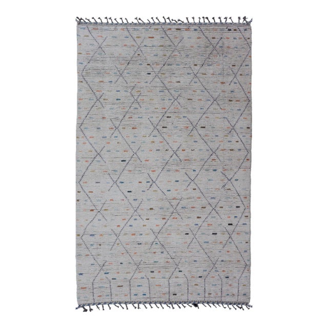 Modern Tribal Rug in Wool With Sub-Geometric Design in Blue, Ivory, Multi Colors For Sale