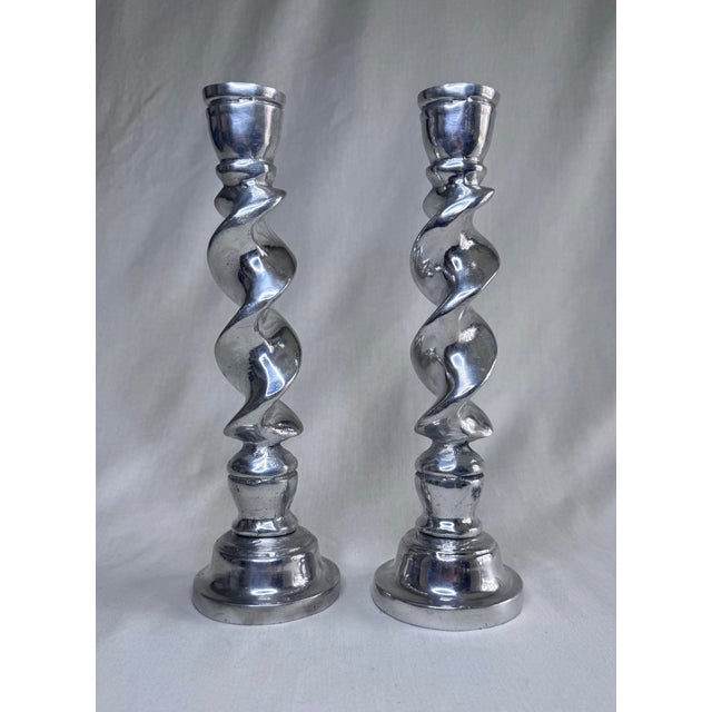 Vintage English Traditional Barley Twist Silver Tone Candlesticks, a Pair For Sale - Image 4 of 8