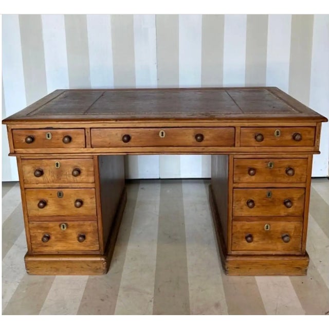 19th Century Beautiful 19th Century Country English Pine and Tooled Leather Pedestal Desk For Sale - Image 5 of 5