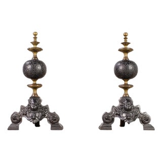 Pair of Dutch Baroque Style Iron Brass Andirons For Sale