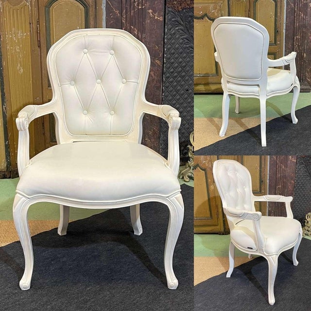 Modern Louis XV Style Cabriolet Armchair in Painted Wood and White Imitation Leather Upholstery For Sale - Image 11 of 12