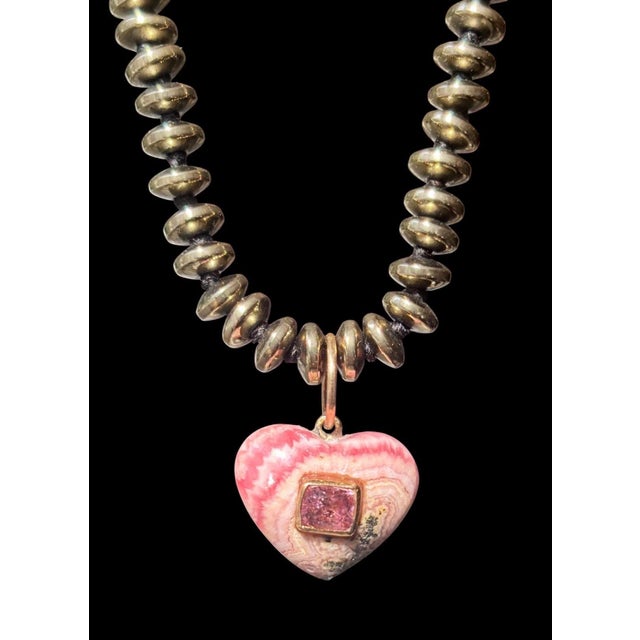 2020s Rhodochrosite Heart Necklace With Spinel, 14k Gold & Pyrite For Sale - Image 5 of 13
