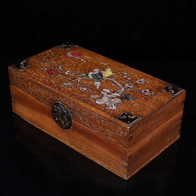 Brown Huanghuali Style Wood Jewelry Box With Mother of Pearl Inlay – Bird & Flower Motif For Sale - Image 8 of 10
