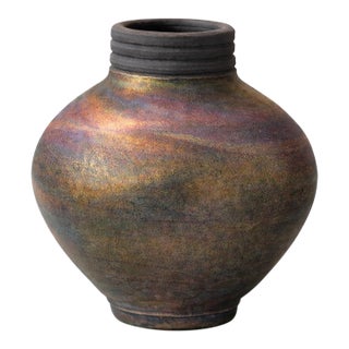 Signed Studio Art Pottery Vessel With Iridescent Reduction Glaze (Monogram Jw) For Sale