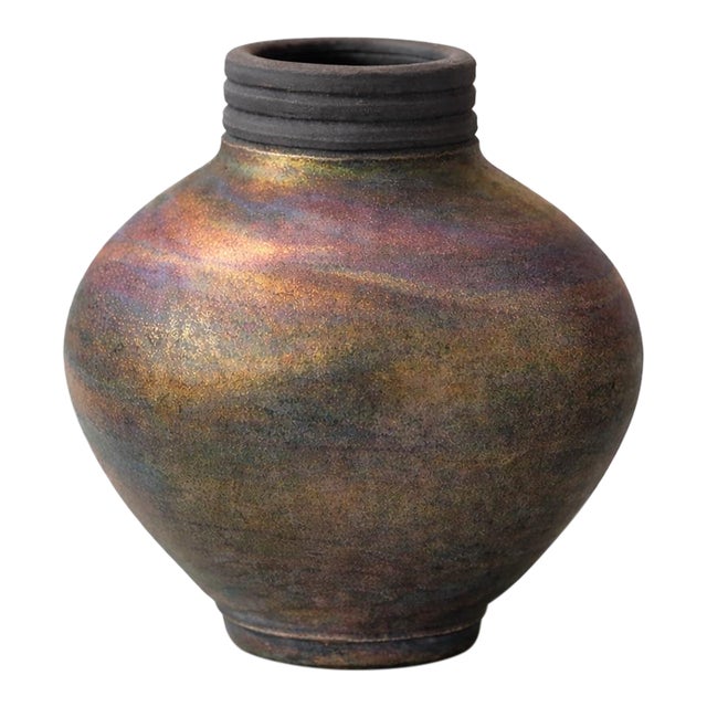 Signed Studio Art Pottery Vessel With Iridescent Reduction Glaze (Monogram Jw) For Sale