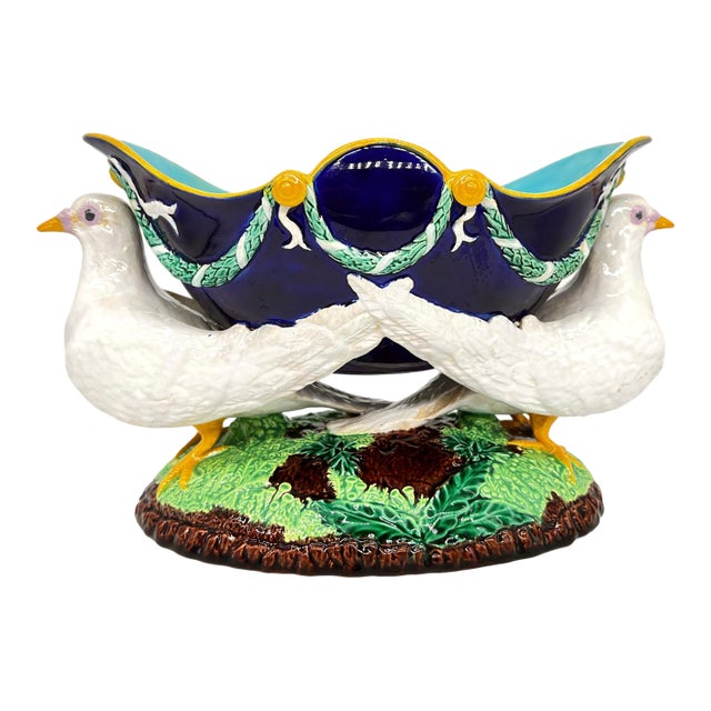 A George Jones Majolica Cobalt Centerpiece Bowl With Doves, English, Ca. 1870 For Sale