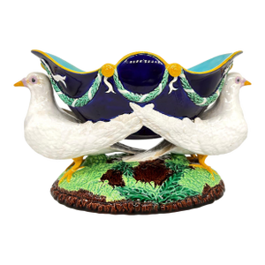 A George Jones Majolica Cobalt Centerpiece Bowl With Doves, English, Ca. 1870