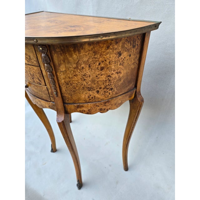 Camel Antique Burlwood Demilune Table With Drawers For Sale - Image 8 of 11