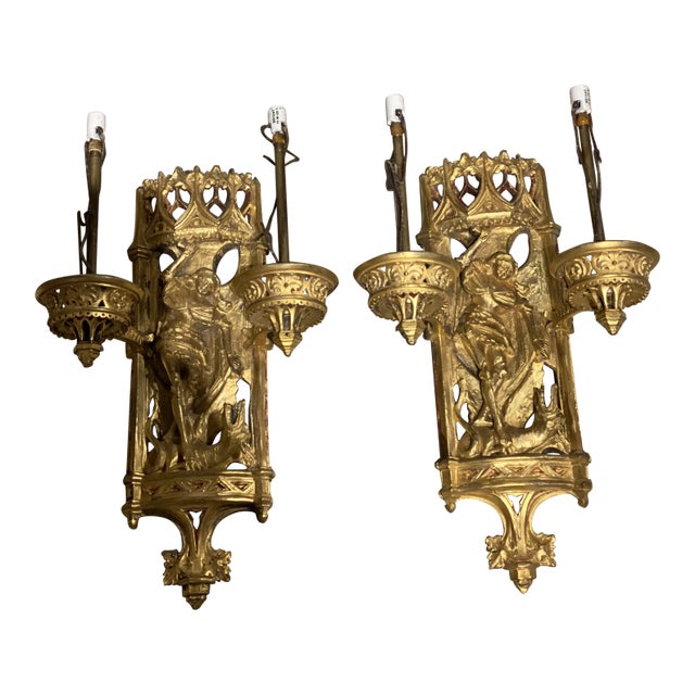 Late 19th Century Caldwell Gothic St Michael Motif Sconces - a Pair For Sale
