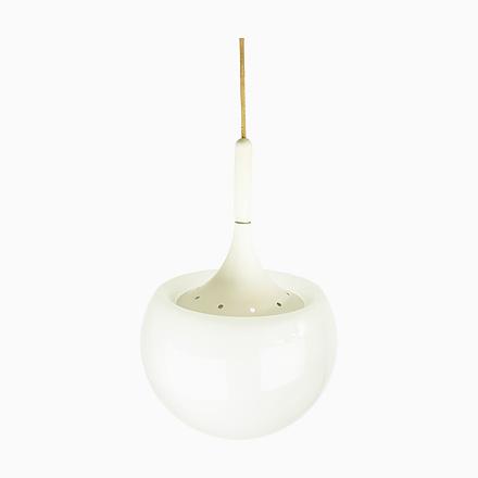 White Metal and Sandblasted Glass Mushroom-Shaped Pendant Lamp attributed to Martinelli Luce, 1960s For Sale - Image 11 of 11