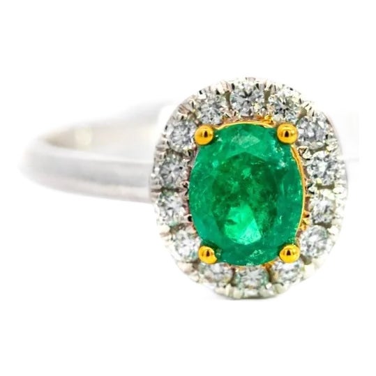 2/3 Carat Natural Emerald & Diamond Oval Halo 1.7mm Band Ring in 18K White Gold, Size 5.5 For Sale