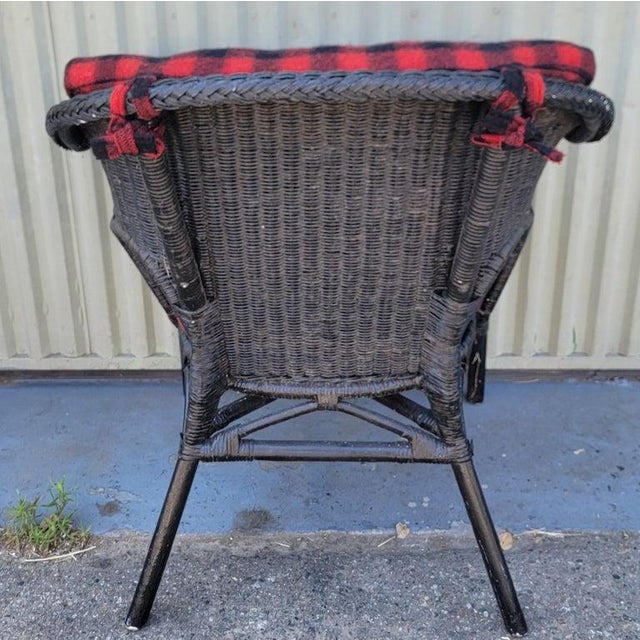Black Wicker Chair W/ Buck Plaid Seat Cushions For Sale - Image 4 of 13
