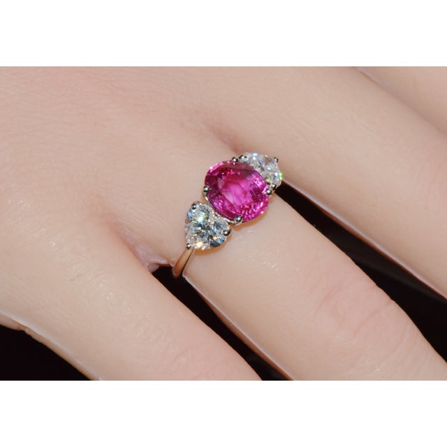 Late 20th Century Gia 4.47Cts No-Heat Mozambique Ruby & D Vvs2 Heart Diamond Platinum Three Stone Ring, Size 6 For Sale - Image 4 of 18
