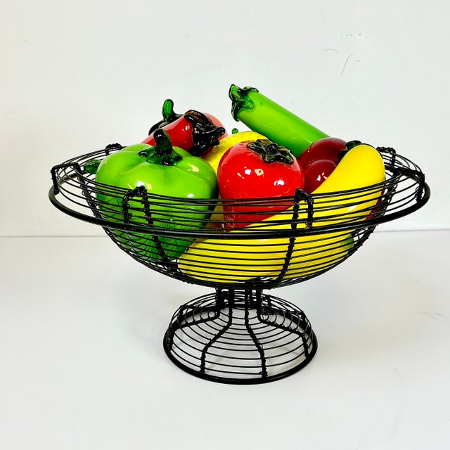 Canary Yellow Mid-Century Italian Venetian Glass Fruit & Vegetables in Wire Bowl Murano Attributed - Set of 13 For Sale - Image 8 of 13