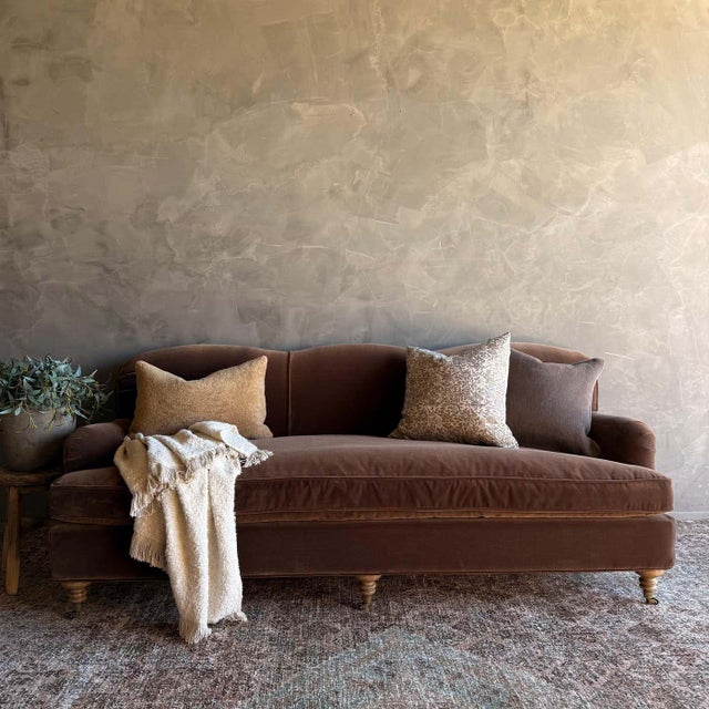 English Modern English Sofa in Chestnut Brown in Faux Velvet Mohair With Down Cushion For Sale - Image 3 of 11