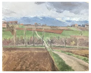 Isaac Charles Goetz, À travers champs et vue sur la montagne, 1950, Oil on Canvas