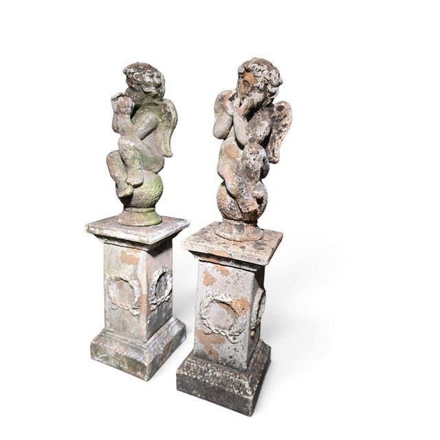 19th Century Italian Artist, Cherub Sculptures on Pedestals, 19th Century, Terracotta, Set of 2 For Sale - Image 5 of 12