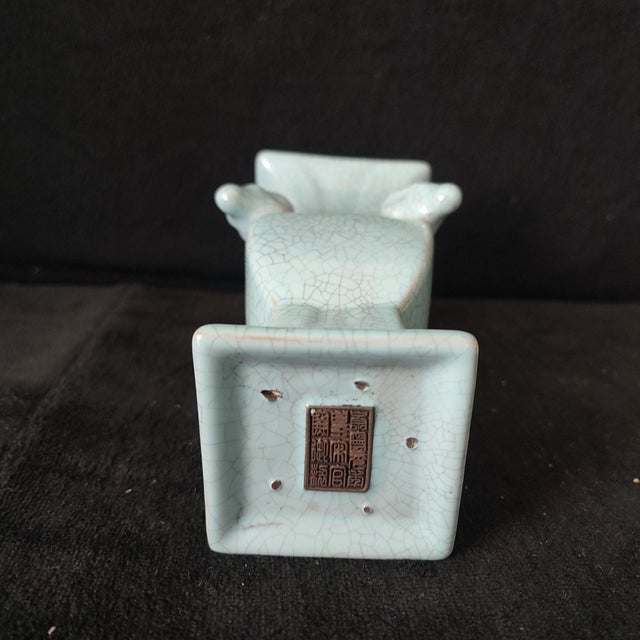 Art Deco Chinese Ceramic Vase,Guan Ware Crackle Glaze Glaze Celadon Porcelain Vase Hand Carved Four Goat Head Statue For Sale - Image 3 of 9