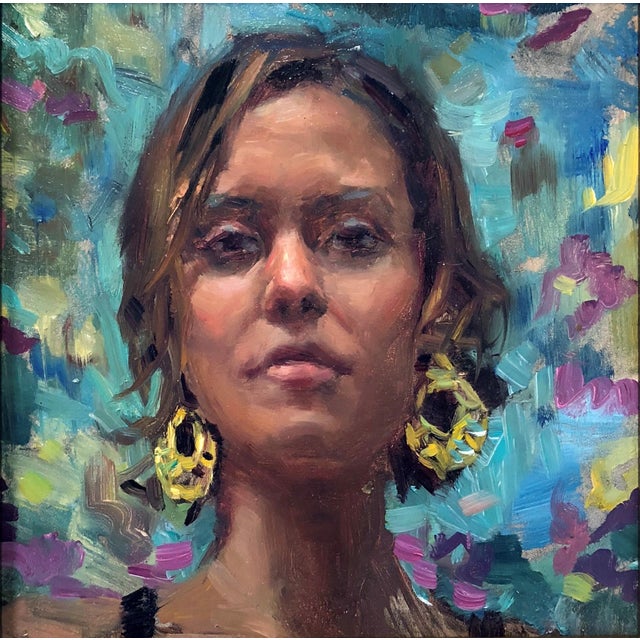 This oil on panel work presents a close-up portrait of a woman, her expression serene against a vibrant, abstract...