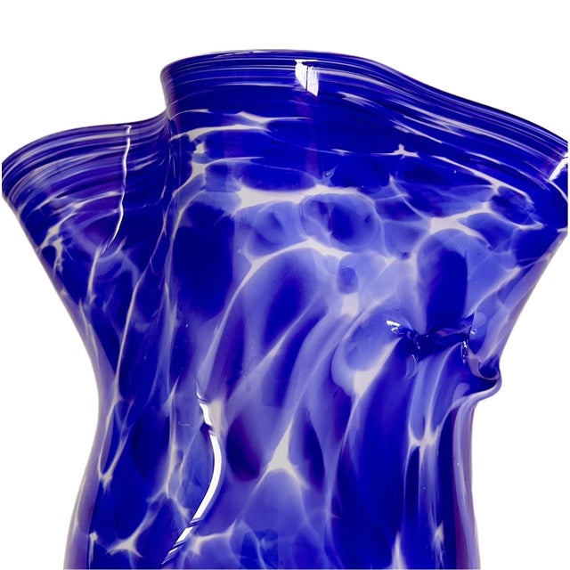 Vintage Hand Blown Murano Style Cobalt Blue Handkerchief Vase For Sale - Image 10 of 13