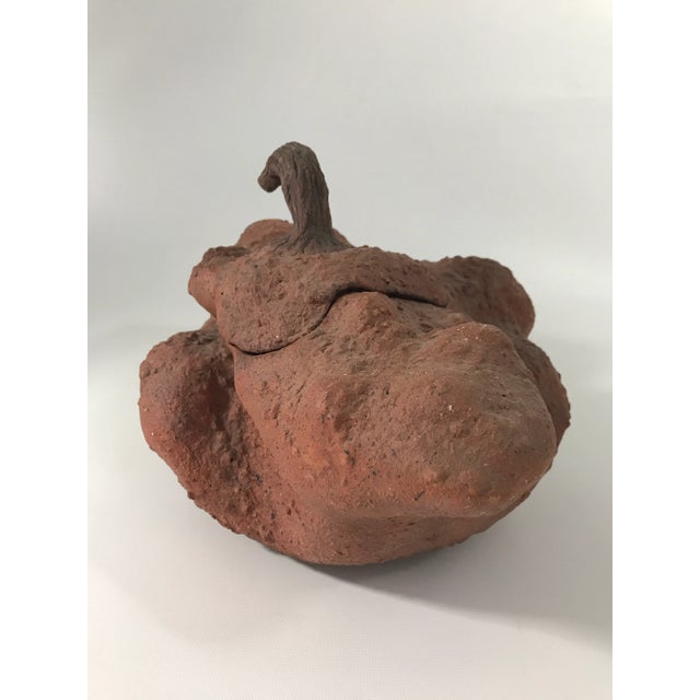 Hand crafted life size naturalistic pottery gourd sculpture with bisque exterior and dark green glazed interior. Removable...