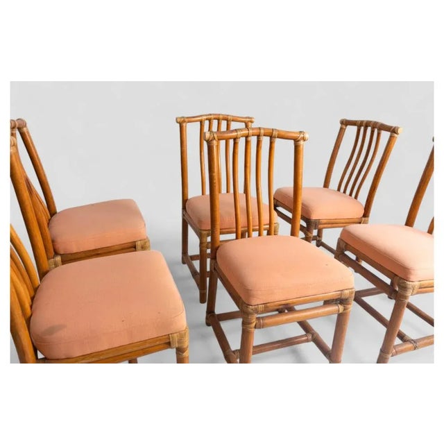 Wood Vintage Bamboo Chairs with Peach-Colored Upholstered Seats, Set of 6 For Sale - Image 7 of 10