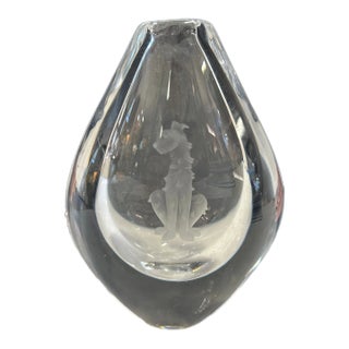Orrefors Crystal Vase With Etched Dog Signed For Sale