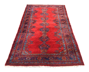 Red and Navy Vintage Hand Knotted Anatolian Rug Area - 64" X 109'5"