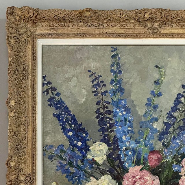Cornflower Blue Antique Framed Oil Painting on Canvas by Lucien Hock (1899-1972), Floral Still Life in Delft Pot, Dated 1949 For Sale - Image 8 of 17
