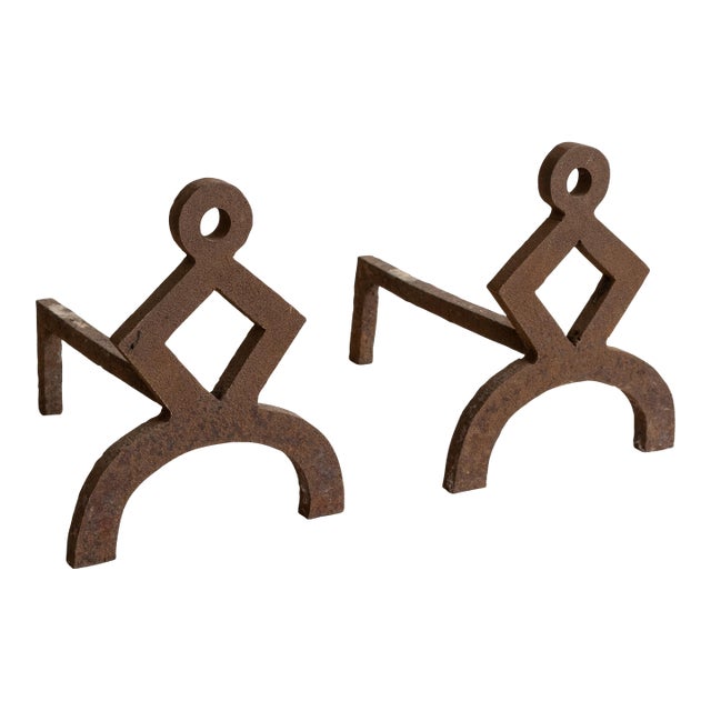 Early 20th Century Geometric Modernist Iron Andirons - a Pair For Sale
