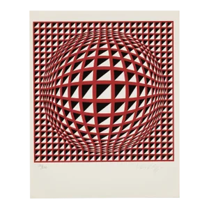 1978 Red and Black Geometric Printed Globe Limited Edition Silkscreen Print by Victor Vasarely