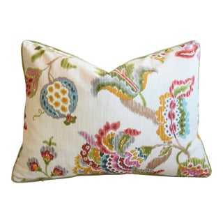 Designer Colorful Floral Linen Feather/Down Pillow 24” X 18” For Sale