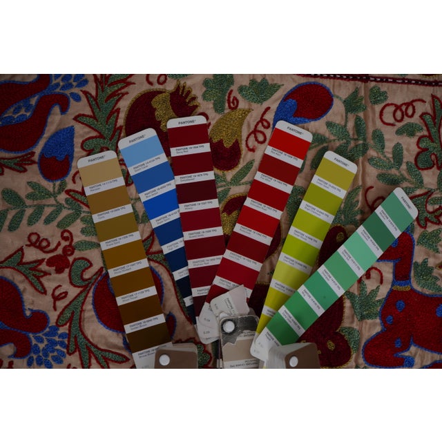 Cream Uzbek Suzani Embroidered Table Runner – Red Pomegranate & Blue Floral Boho Textile 1'8'' X 6'1'' For Sale - Image 11 of 11