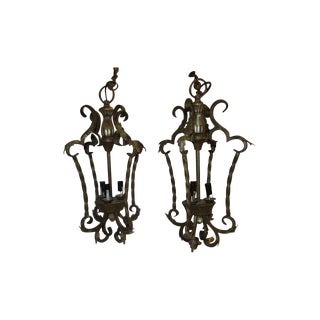 Antique Ornate Iron Hanging Sconces - Pair For Sale