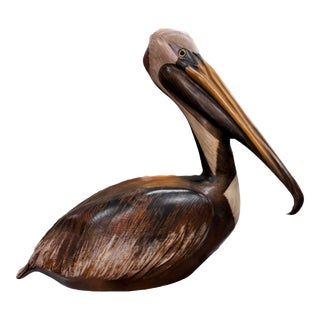 1990s Noxon Brown Pelican X-Large Hand Carved Wood Sculpture Coastal Bird Signed For Sale