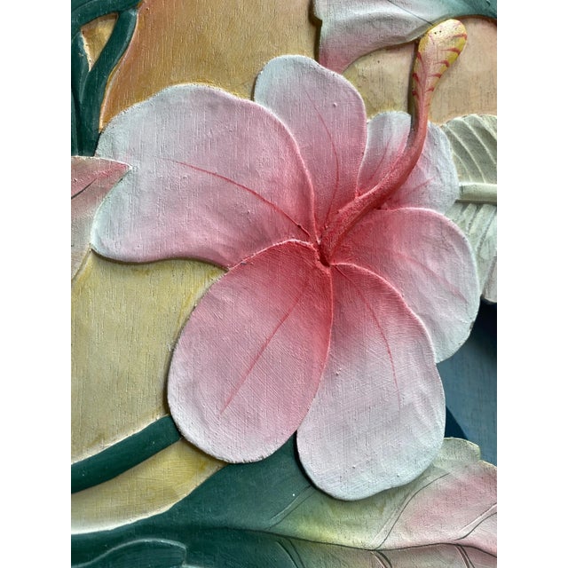 Original 1950s MCM Hand Painted Flamingo Tropical 5 Panel Carved Wood Room Divider For Sale - Image 11 of 14