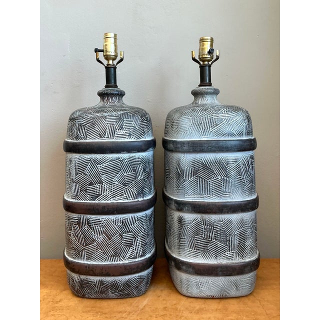 Vintage Geometric Ceramic Table Lamps - Pair For Sale - Image 11 of 12
