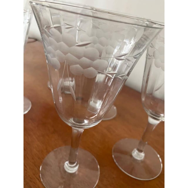 Vintage Etched Crystal Wine Goblets Set of 6 Grape pattern Tapered bowl with a thin rim Nice clear bell/ring Excellent...