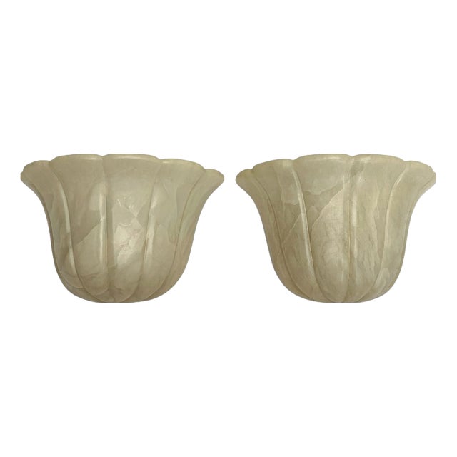 Art Deco Fluted Tulip Form Alabaster Wall Lights, Aljuna Spain, 1970s, Set of 2 For Sale