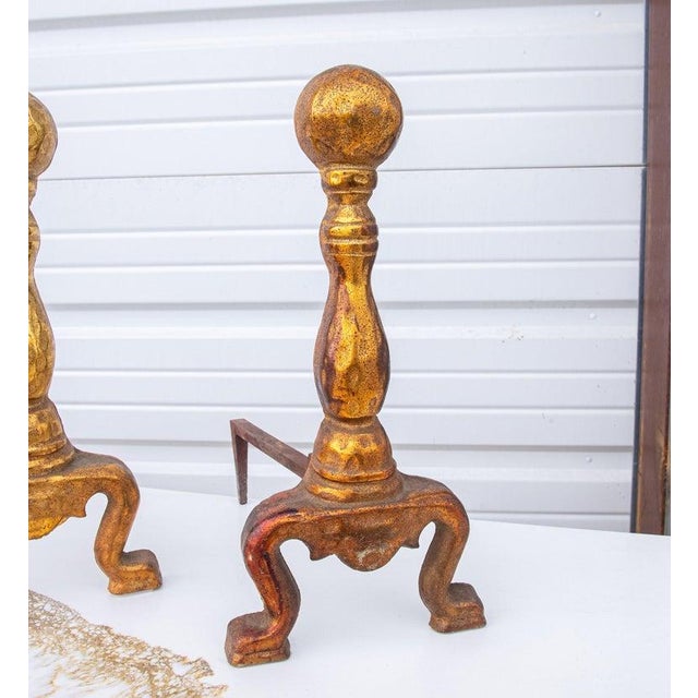 Metal Cast Iron Fireplace Andirons With Gold Enamel From the 1920's, Pair For Sale - Image 7 of 10
