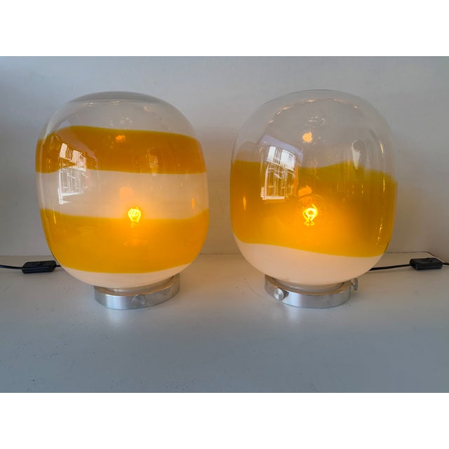 Mid-Century Modern Pair of Murano Glass Orange White Smoke Saturn Lamps. Italy, 1970s For Sale - Image 3 of 13
