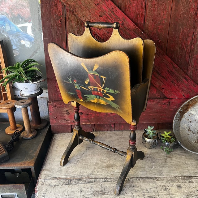 Antique Wooden Magazine Rack With Hand-Painted Dutch Scenes & Dual Compartments For Sale - Image 11 of 11