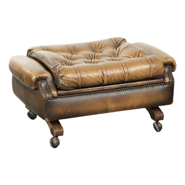 English Chesterfield Ottoman in Cowhide Leather on Wheels For Sale